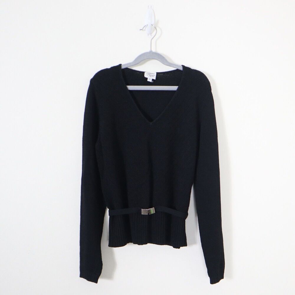 Margaret O'Leary Size 1/S Black Viscose Knit Sweater Belted V Neck Pullover